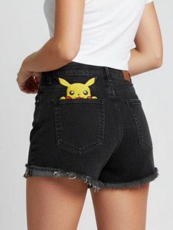 Silk & Lace Pants - Silk & Lace Anime Pikachu Embroidered Denim Cutoff Shorts